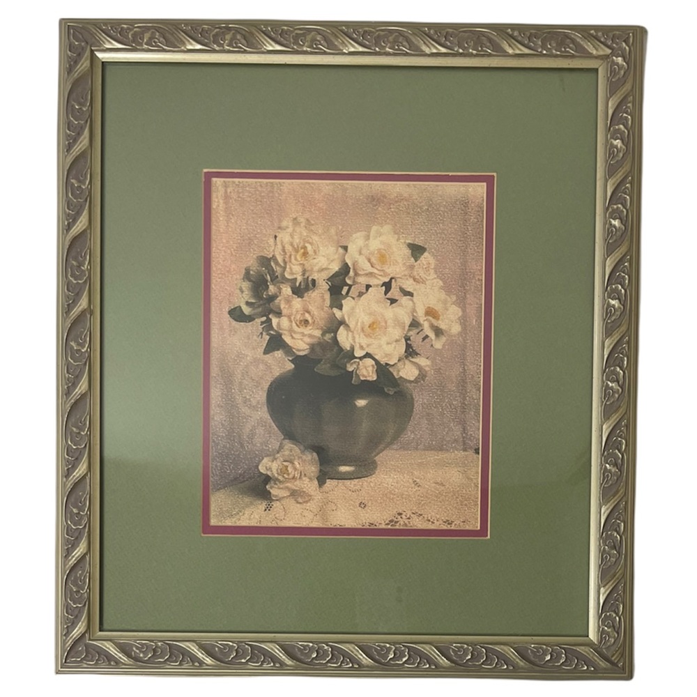 Vintage Floral Picture Ornate Silver Pewter Frame Rose Flower Vase Luxury Art